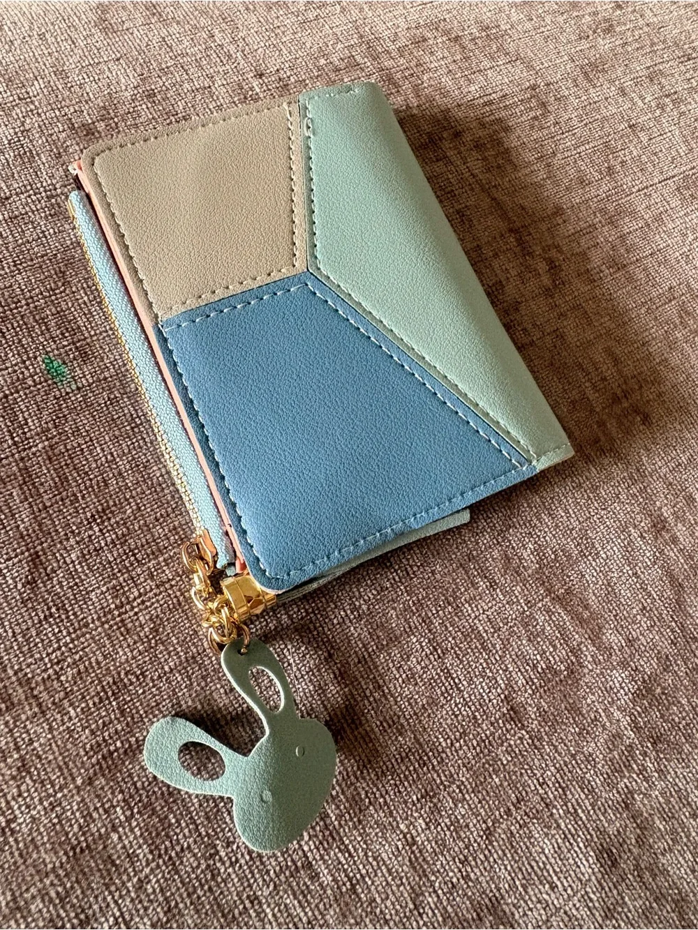 Compact Tricolor Faux Leather Wallet with Tassel Charm - Blue/Green/Cream